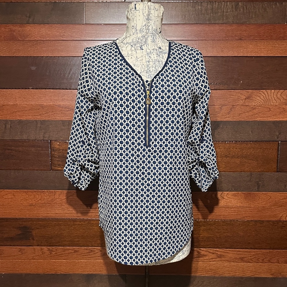 Tacera Navy and Cream Geometric Blouse